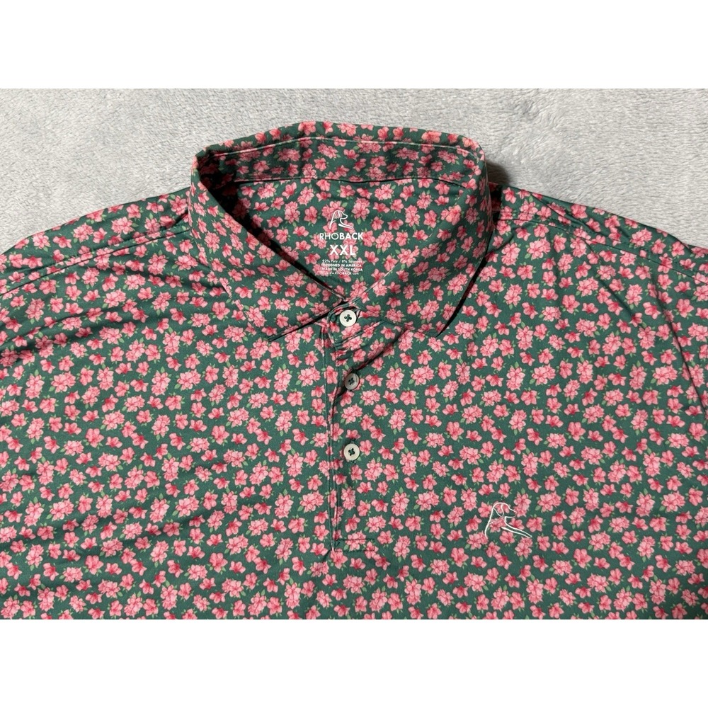 Rhoback Polo Shirt Men's 2XL XXL Green Floral All Over Print Golf Performance